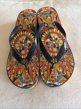 Tory Burch Navy Strap Flip Flops with Colorful Geometric Print